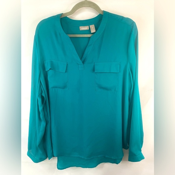 Chico's Tops - Chicos size 2 Teal blouse, light weight and sheer with flat pockets.